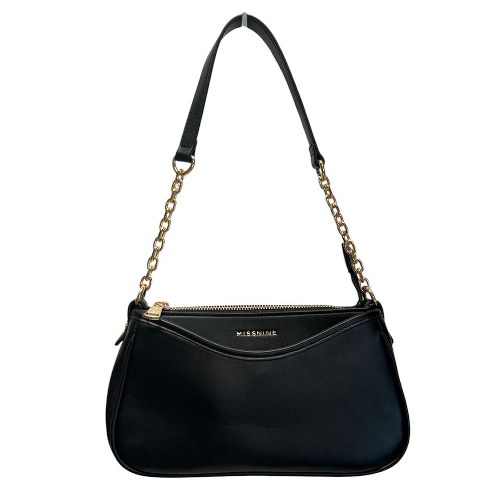 Missnine Black Shoulder Bag Mini Baguette Purse Vegan Leather Gold Chain Zip NEW